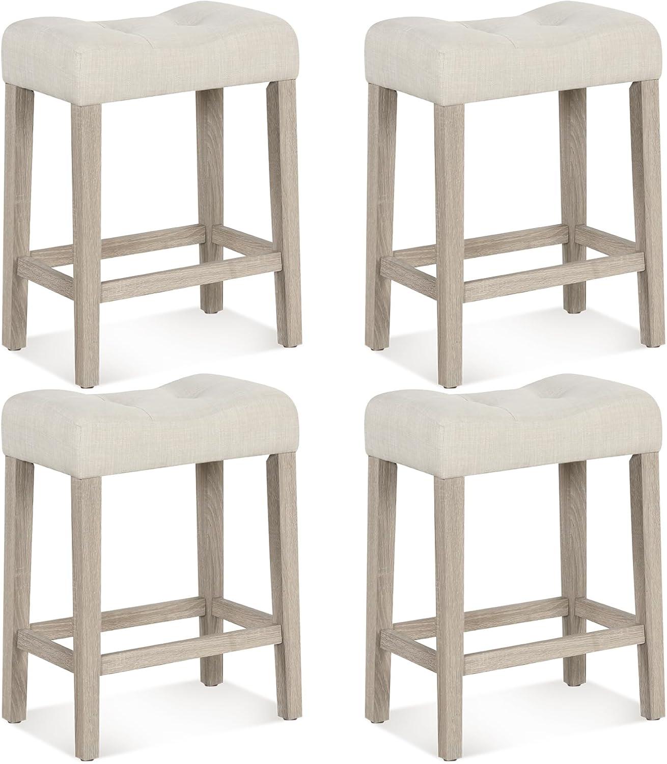 image:imageGiantex 24 Bar Stools Set of 4 Upholstered Counter Height Saddle Bar Stools with Footrest and Wood Legs Farmhouse Button Tufted Backless Barstools for Kitchen Island Dining Room Cafe BeigeBeige