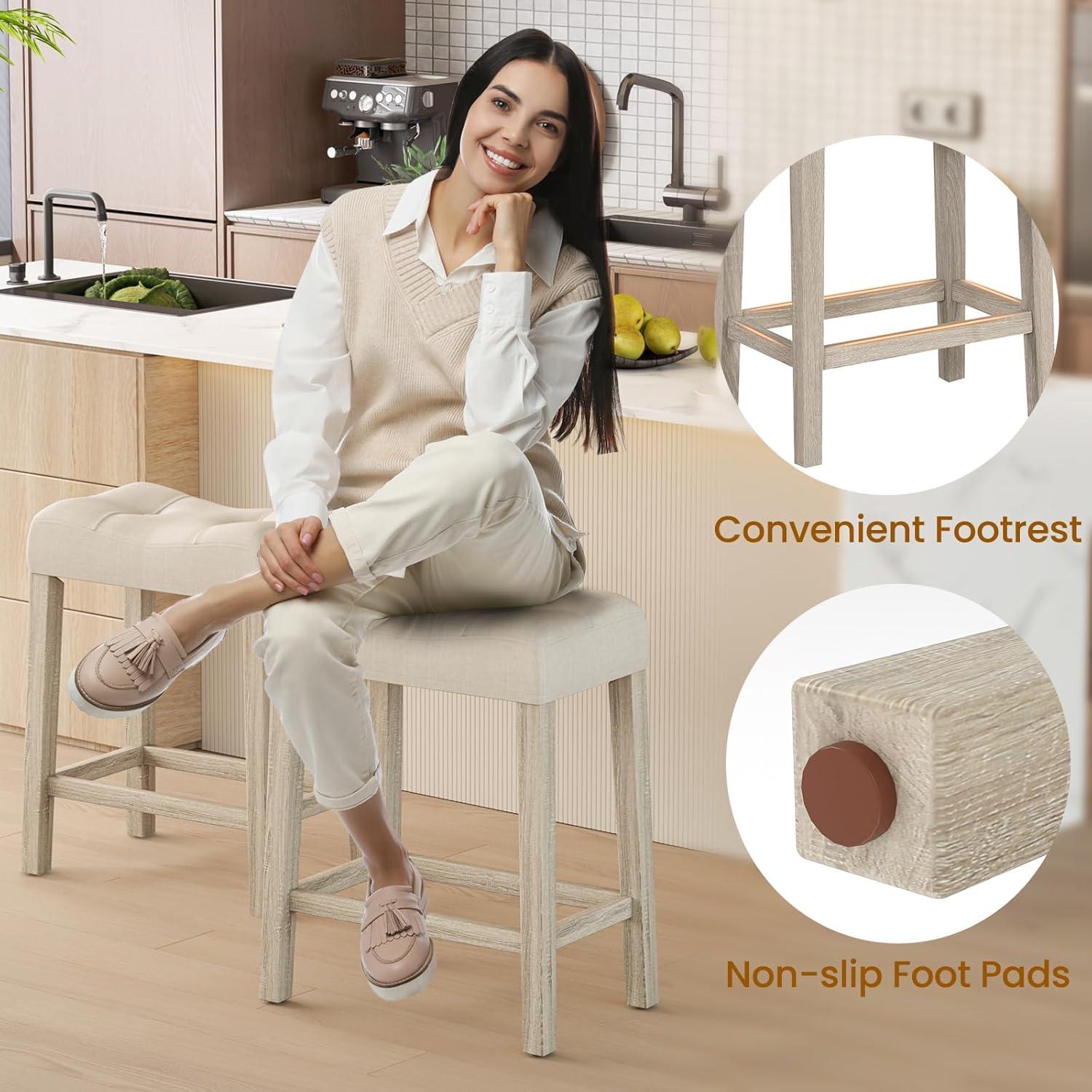 image:imageGiantex 24 Bar Stools Set of 4 Upholstered Counter Height Saddle Bar Stools with Footrest and Wood Legs Farmhouse Button Tufted Backless Barstools for Kitchen Island Dining Room Cafe BeigeBeige