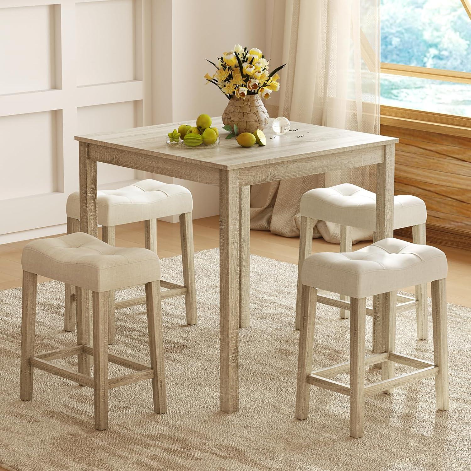 image:imageGiantex 24 Bar Stools Set of 4 Upholstered Counter Height Saddle Bar Stools with Footrest and Wood Legs Farmhouse Button Tufted Backless Barstools for Kitchen Island Dining Room Cafe BeigeBeige
