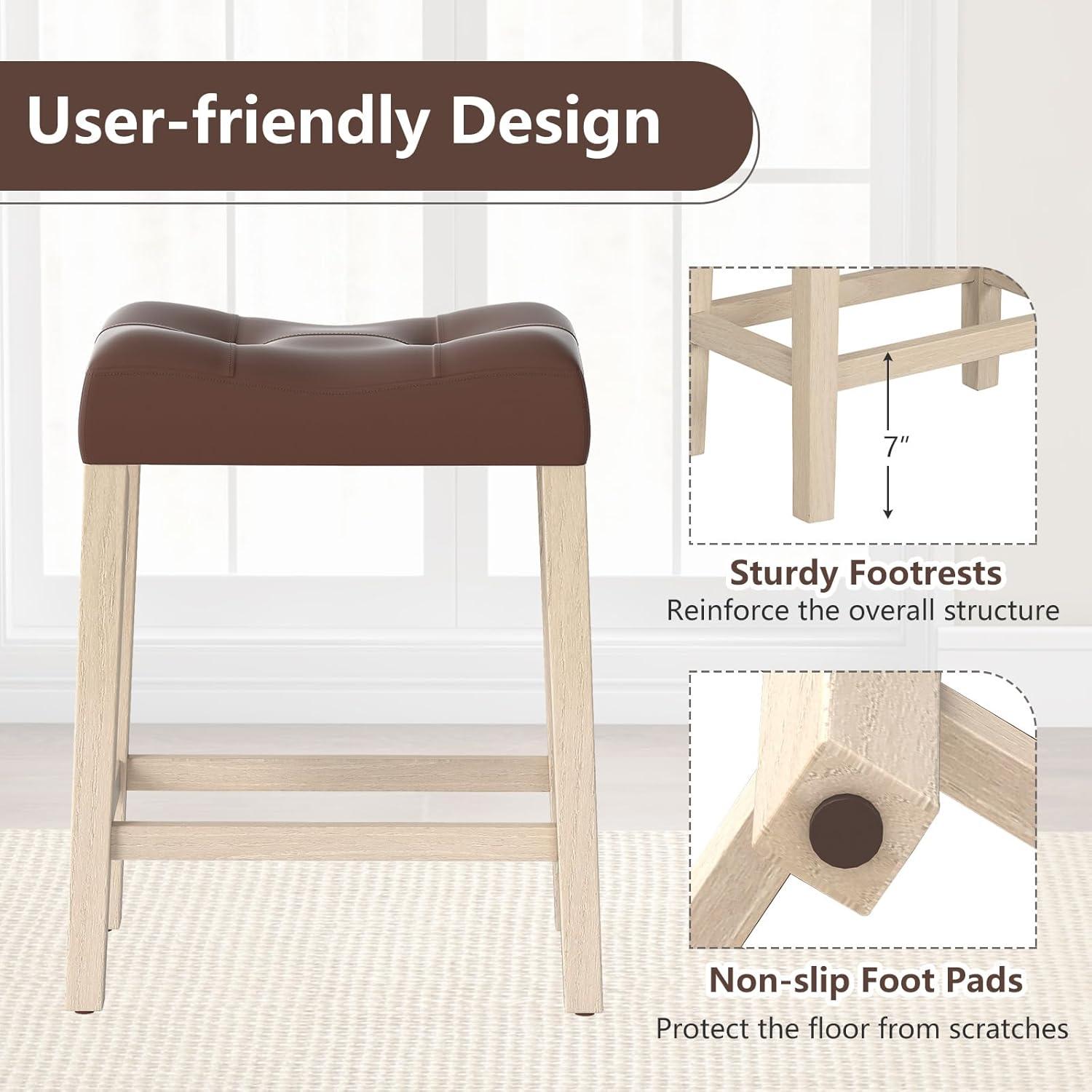 image:imageGiantex 24 Bar Stools Set of 4 Upholstered Counter Height Saddle Bar Stools with Footrest and Wood Legs Farmhouse Button Tufted Backless Barstools for Kitchen Island Dining Room Cafe BeigeBrownbeige