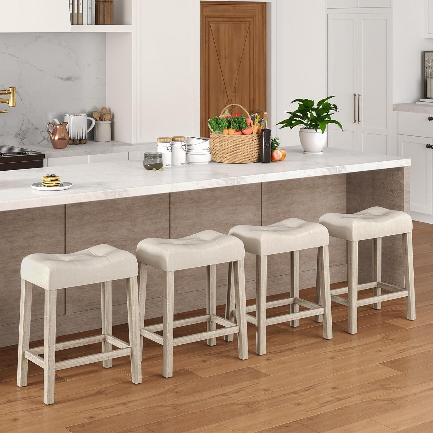image:imageGiantex 24 Bar Stools Set of 4 Upholstered Counter Height Saddle Bar Stools with Footrest and Wood Legs Farmhouse Button Tufted Backless Barstools for Kitchen Island Dining Room Cafe BeigeBeige