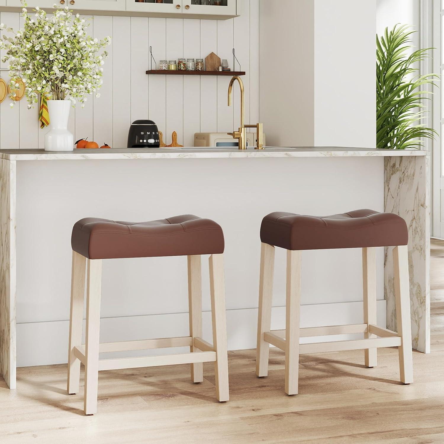 image:imageGiantex 24 Bar Stools Set of 4 Upholstered Counter Height Saddle Bar Stools with Footrest and Wood Legs Farmhouse Button Tufted Backless Barstools for Kitchen Island Dining Room Cafe BeigeBrownbeige