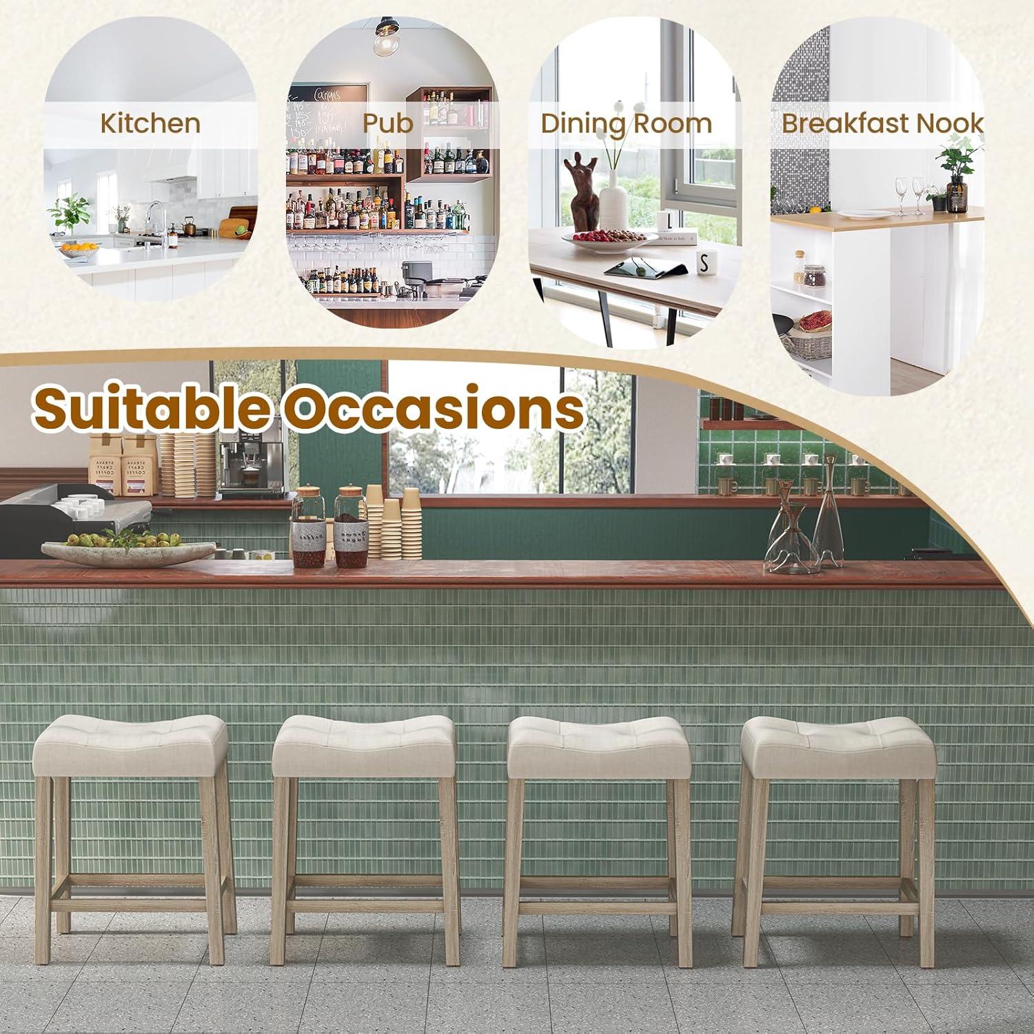 image:imageGiantex 24 Bar Stools Set of 4 Upholstered Counter Height Saddle Bar Stools with Footrest and Wood Legs Farmhouse Button Tufted Backless Barstools for Kitchen Island Dining Room Cafe BeigeBeige
