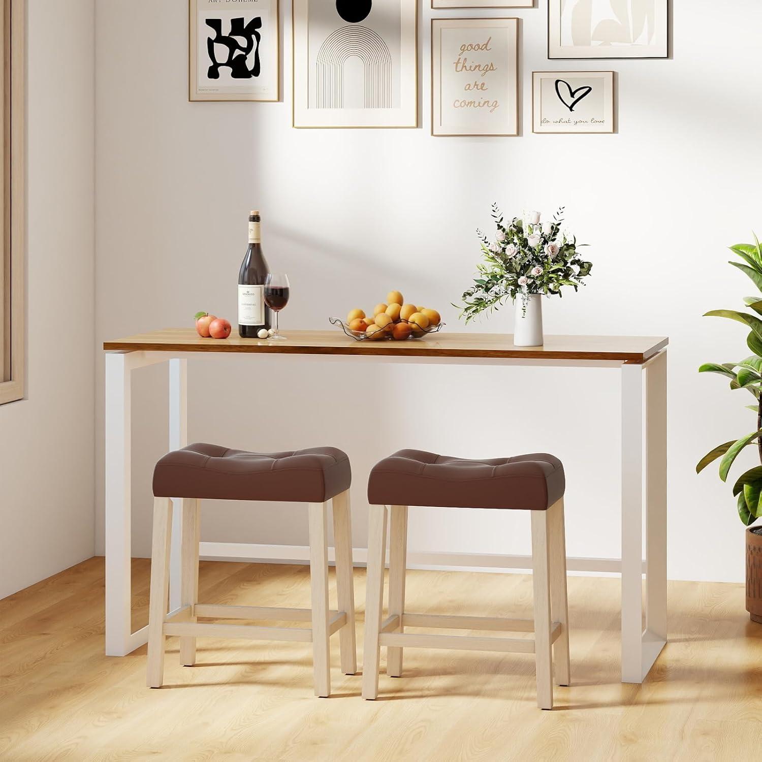 image:imageGiantex 24 Bar Stools Set of 4 Upholstered Counter Height Saddle Bar Stools with Footrest and Wood Legs Farmhouse Button Tufted Backless Barstools for Kitchen Island Dining Room Cafe BeigeBrownbeige
