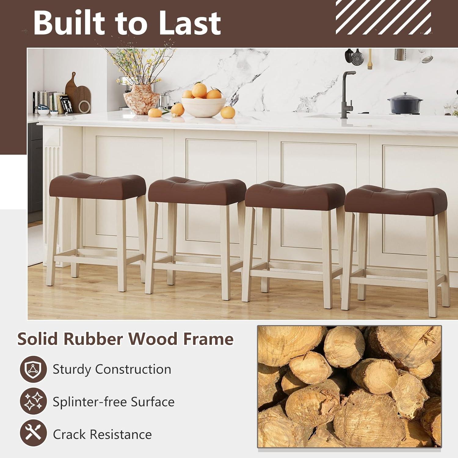 image:imageGiantex 24 Bar Stools Set of 4 Upholstered Counter Height Saddle Bar Stools with Footrest and Wood Legs Farmhouse Button Tufted Backless Barstools for Kitchen Island Dining Room Cafe BeigeBrownbeige