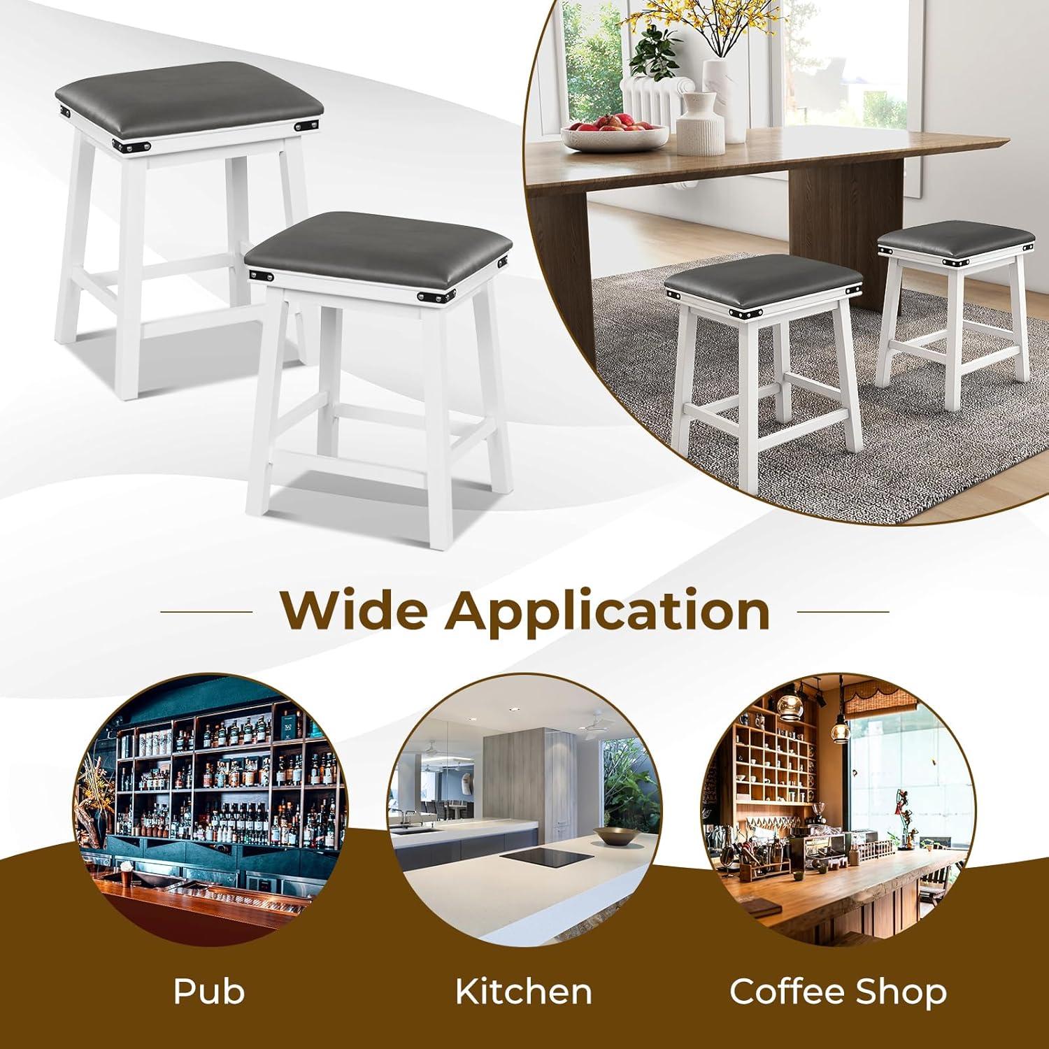 image:imageGiantex 24 Counter Height Bar Stools Set of 2 Faux PU Leather Farmhouse Wood Barstools with Padded Seat Solid Wood Frame Max Load 330 Lbs Saddle Stools for Kitchen Island Pub WhiteWhite