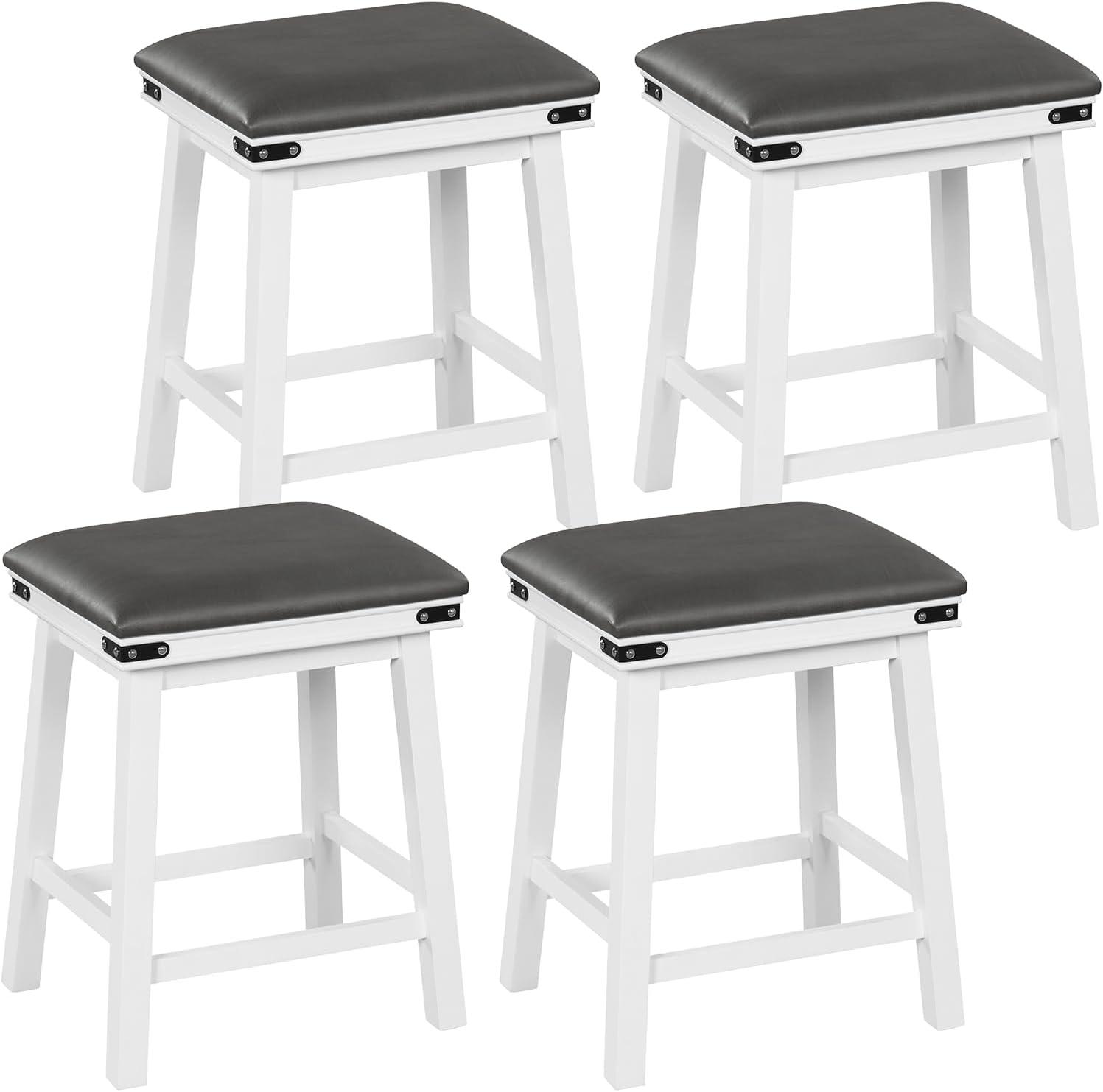 image:imageGiantex 24 Counter Height Bar Stools Set of 2 Faux PU Leather Farmhouse Wood Barstools with Padded Seat Solid Wood Frame Max Load 330 Lbs Saddle Stools for Kitchen Island Pub WhiteWhite