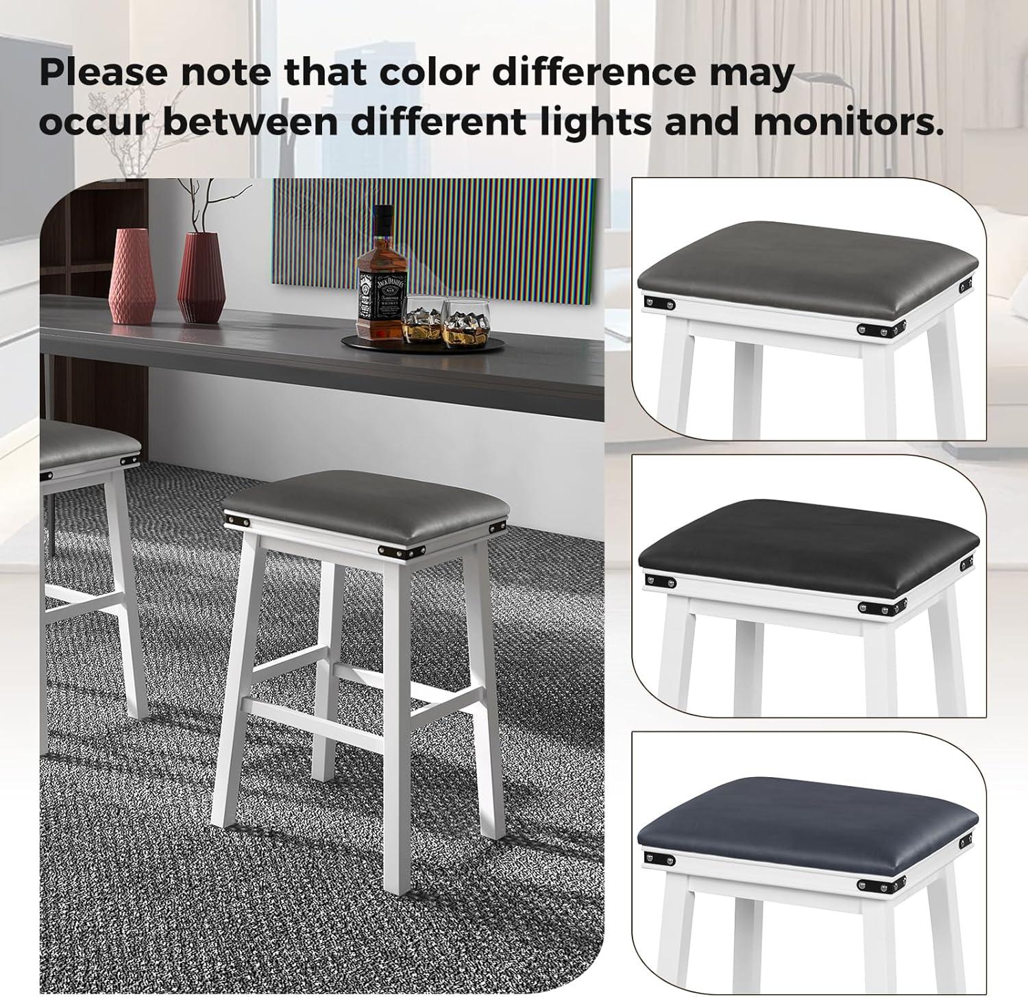 image:imageGiantex 24 Counter Height Bar Stools Set of 2 Faux PU Leather Farmhouse Wood Barstools with Padded Seat Solid Wood Frame Max Load 330 Lbs Saddle Stools for Kitchen Island Pub WhiteWhite