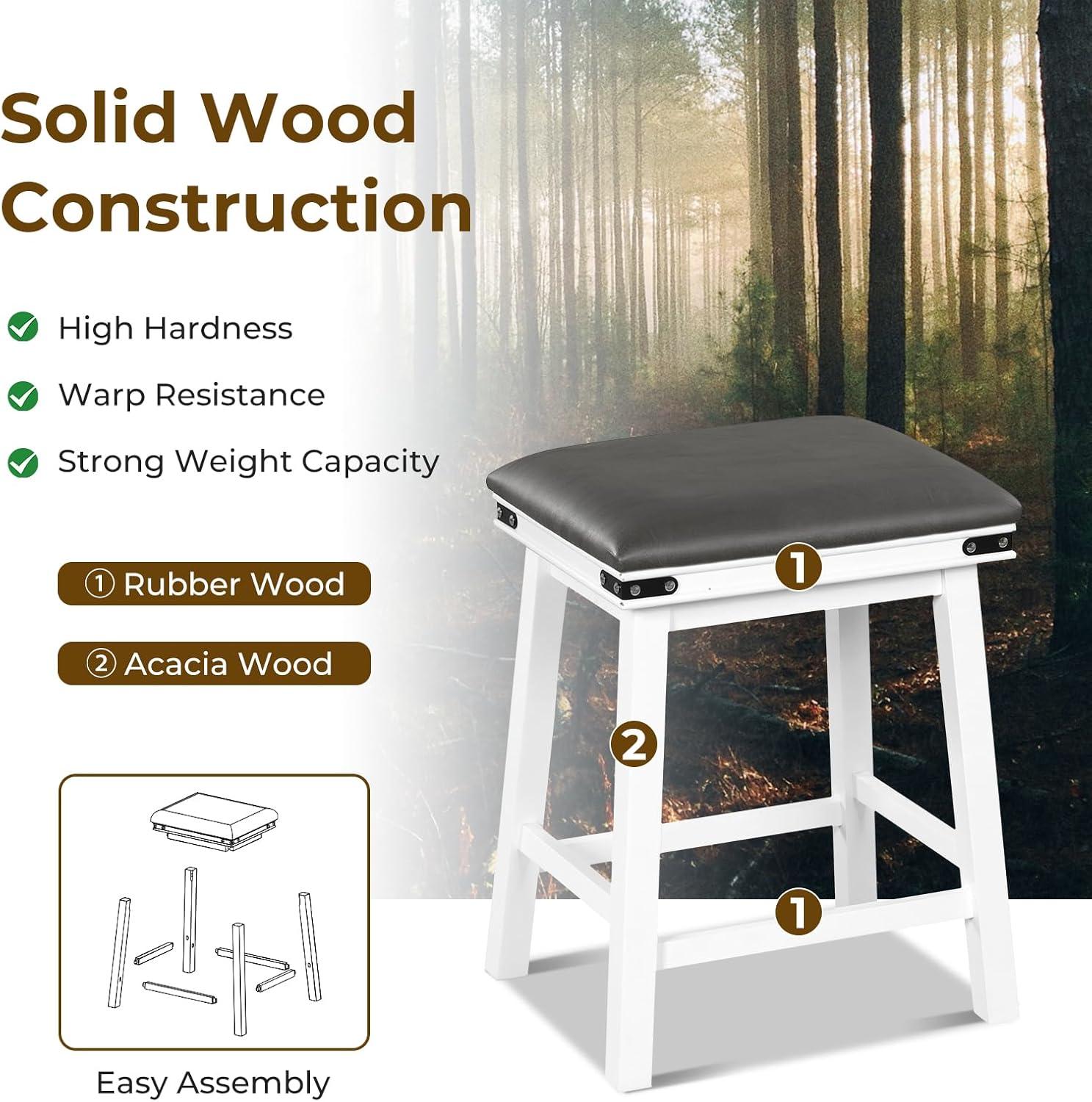 image:imageGiantex 24 Counter Height Bar Stools Set of 2 Faux PU Leather Farmhouse Wood Barstools with Padded Seat Solid Wood Frame Max Load 330 Lbs Saddle Stools for Kitchen Island Pub WhiteWhite