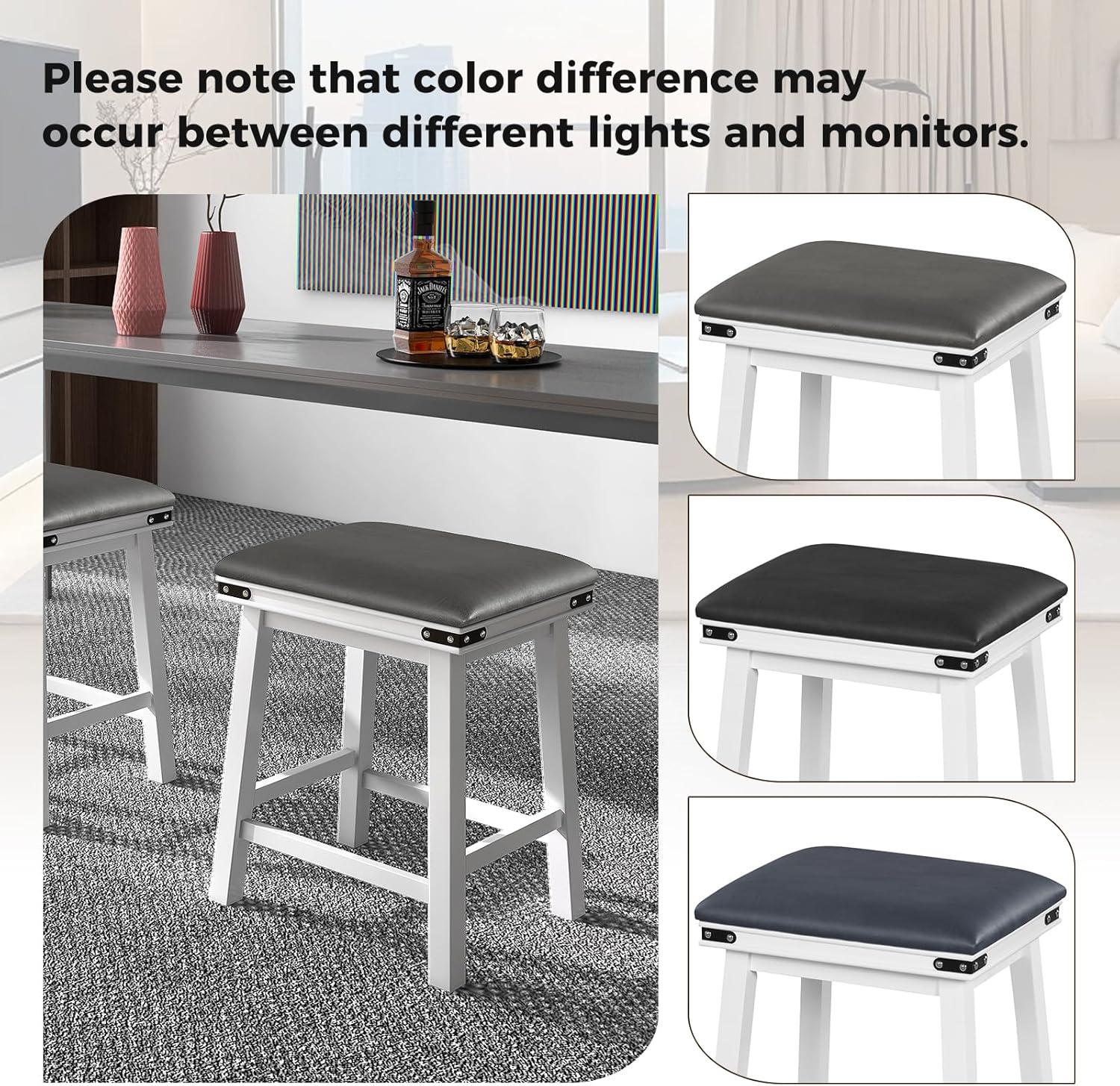image:imageGiantex 24 Counter Height Bar Stools Set of 2 Faux PU Leather Farmhouse Wood Barstools with Padded Seat Solid Wood Frame Max Load 330 Lbs Saddle Stools for Kitchen Island Pub WhiteWhite