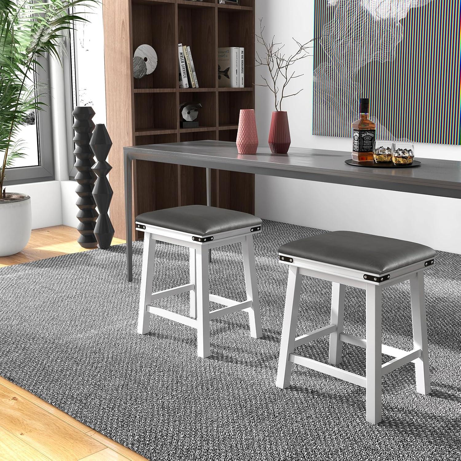 image:imageGiantex 24 Counter Height Bar Stools Set of 2 Faux PU Leather Farmhouse Wood Barstools with Padded Seat Solid Wood Frame Max Load 330 Lbs Saddle Stools for Kitchen Island Pub WhiteWhite