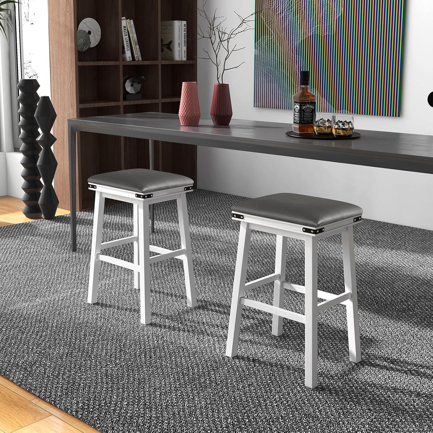 image:imageGiantex 24 Counter Height Bar Stools Set of 2 Faux PU Leather Farmhouse Wood Barstools with Padded Seat Solid Wood Frame Max Load 330 Lbs Saddle Stools for Kitchen Island Pub WhiteWhite