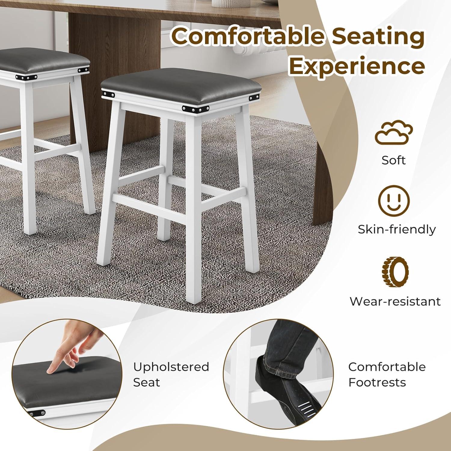 image:imageGiantex 24 Counter Height Bar Stools Set of 2 Faux PU Leather Farmhouse Wood Barstools with Padded Seat Solid Wood Frame Max Load 330 Lbs Saddle Stools for Kitchen Island Pub WhiteWhite