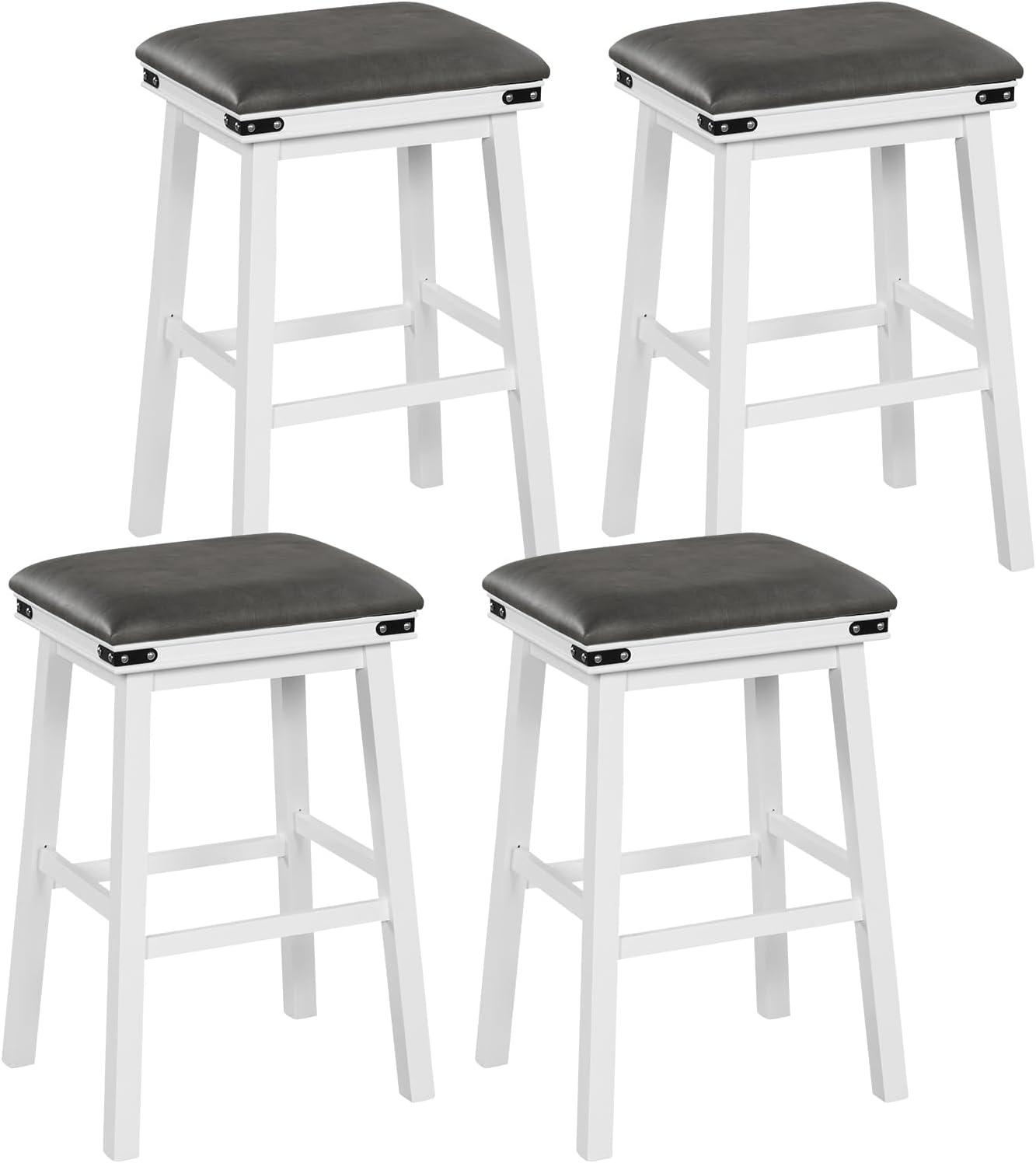 image:imageGiantex 24 Counter Height Bar Stools Set of 2 Faux PU Leather Farmhouse Wood Barstools with Padded Seat Solid Wood Frame Max Load 330 Lbs Saddle Stools for Kitchen Island Pub WhiteWhite
