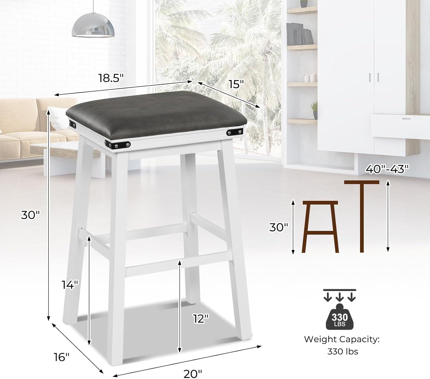 image:imageGiantex 24 Counter Height Bar Stools Set of 2 Faux PU Leather Farmhouse Wood Barstools with Padded Seat Solid Wood Frame Max Load 330 Lbs Saddle Stools for Kitchen Island Pub WhiteWhite