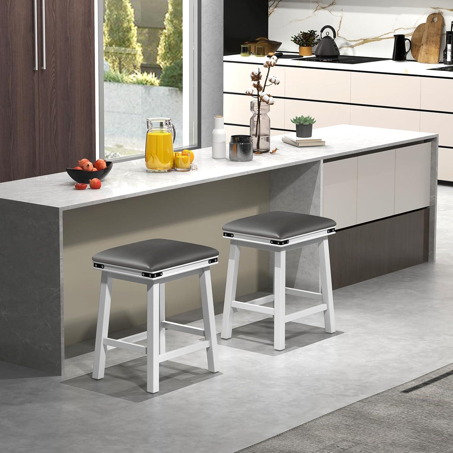 image:imageGiantex 24 Counter Height Bar Stools Set of 2 Faux PU Leather Farmhouse Wood Barstools with Padded Seat Solid Wood Frame Max Load 330 Lbs Saddle Stools for Kitchen Island Pub WhiteWhite