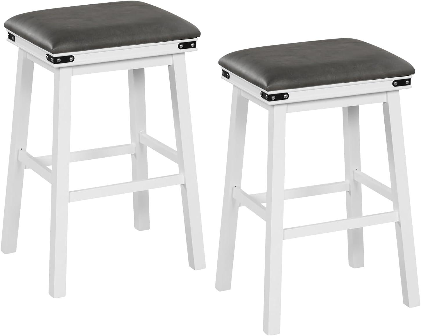 image:imageGiantex 24 Counter Height Bar Stools Set of 2 Faux PU Leather Farmhouse Wood Barstools with Padded Seat Solid Wood Frame Max Load 330 Lbs Saddle Stools for Kitchen Island Pub WhiteWhite