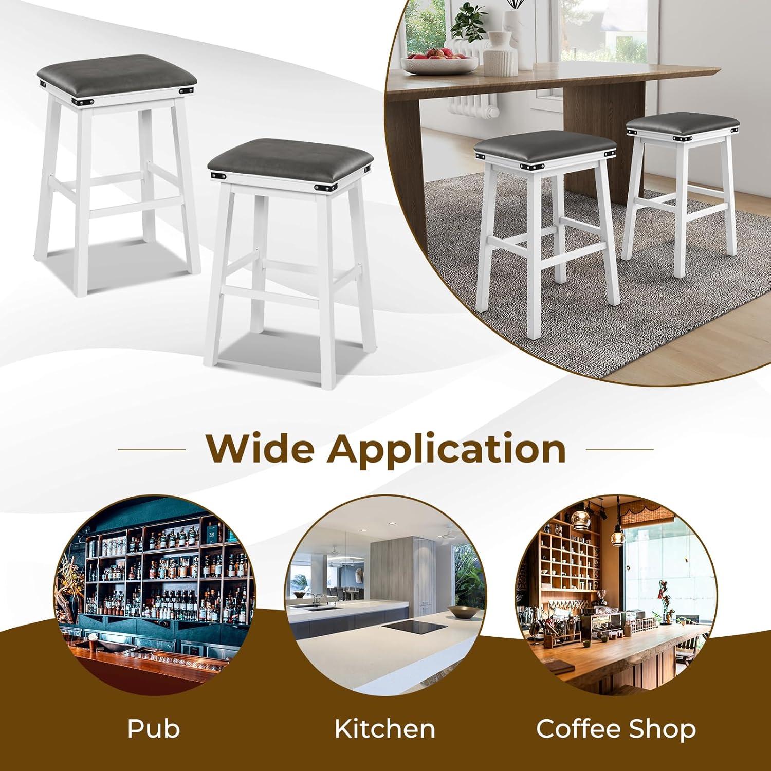 image:imageGiantex 24 Counter Height Bar Stools Set of 2 Faux PU Leather Farmhouse Wood Barstools with Padded Seat Solid Wood Frame Max Load 330 Lbs Saddle Stools for Kitchen Island Pub WhiteWhite