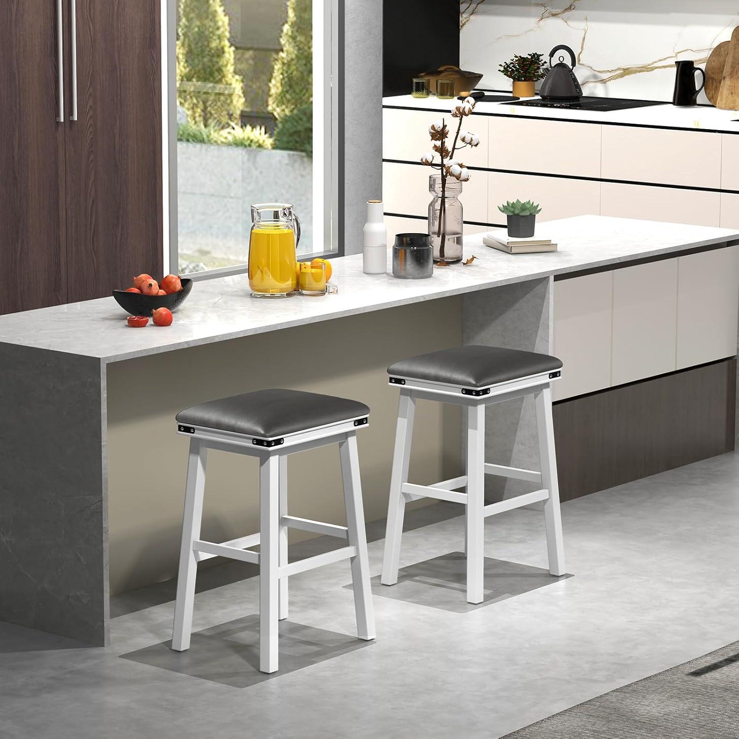 image:imageGiantex 24 Counter Height Bar Stools Set of 2 Faux PU Leather Farmhouse Wood Barstools with Padded Seat Solid Wood Frame Max Load 330 Lbs Saddle Stools for Kitchen Island Pub WhiteWhite