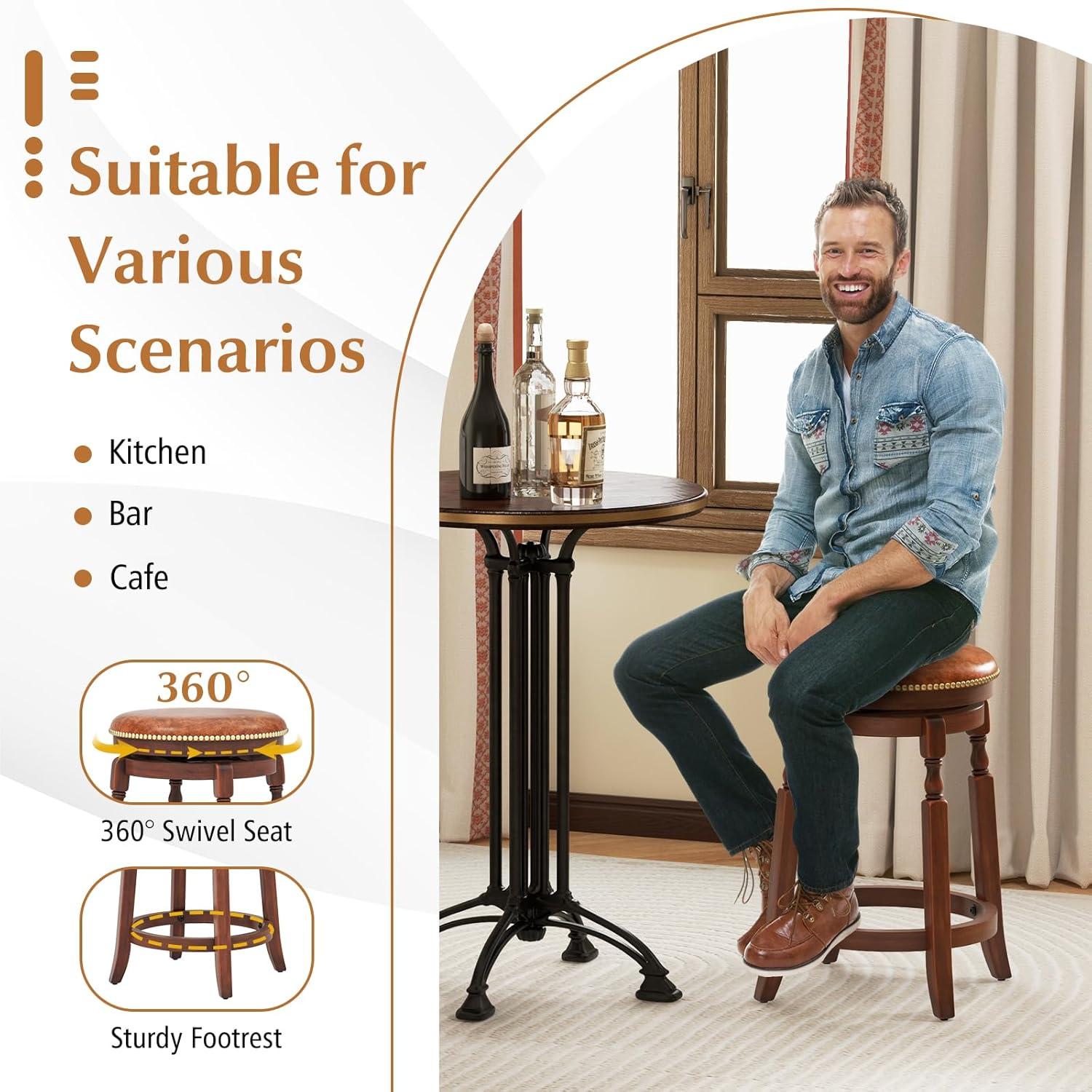image:imageGiantex 24 Swivel Bar Stools Set of 2 Farmhouse Counter Height Stools with Upholstered Seat amp Rubber Wood Frame Round Backless Kitchen Stools Barstools for Kitchen IslandBreakfast Nook Walnut2
