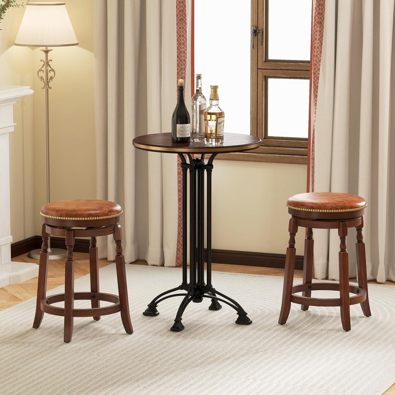 image:imageGiantex 24 Swivel Bar Stools Set of 2 Farmhouse Counter Height Stools with Upholstered Seat amp Rubber Wood Frame Round Backless Kitchen Stools Barstools for Kitchen IslandBreakfast Nook Walnut2