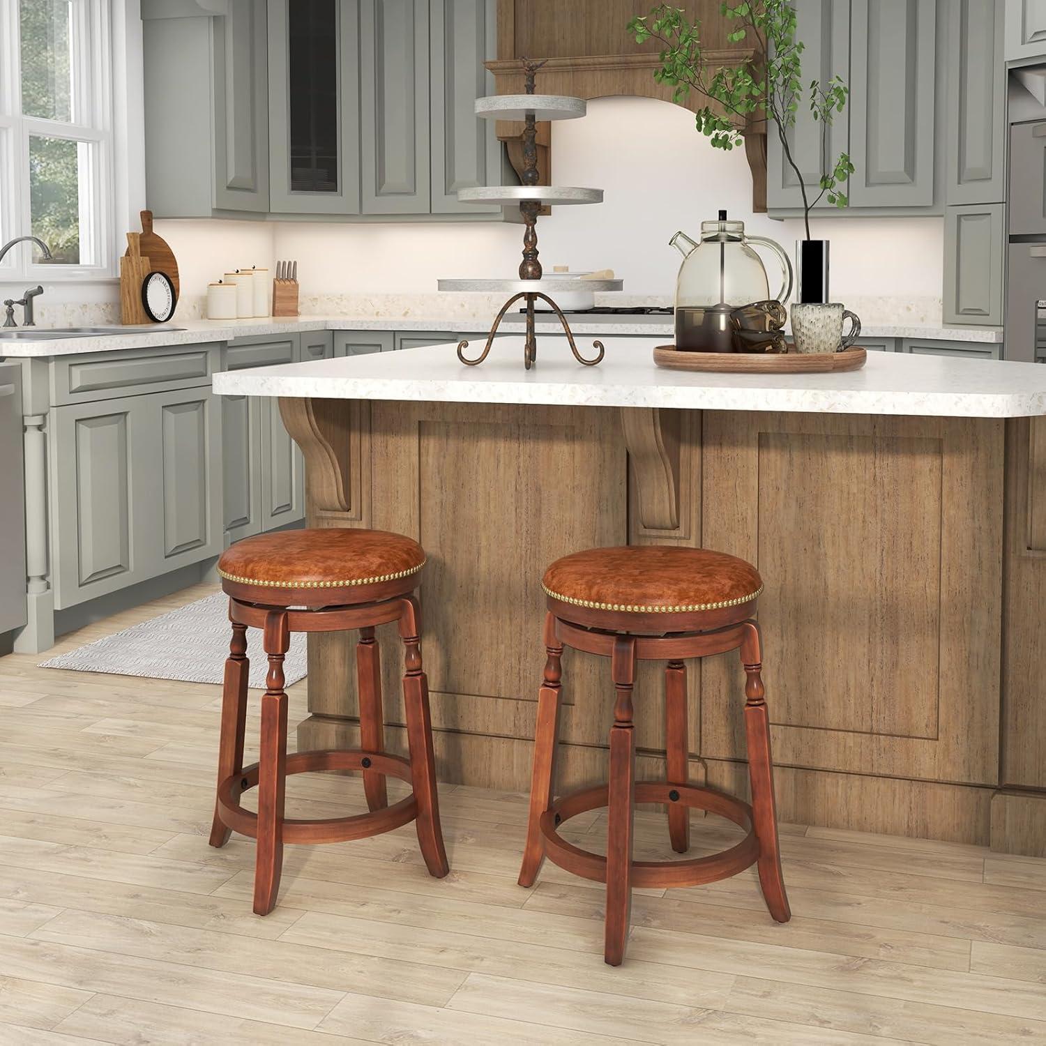 image:imageGiantex 24 Swivel Bar Stools Set of 2 Farmhouse Counter Height Stools with Upholstered Seat amp Rubber Wood Frame Round Backless Kitchen Stools Barstools for Kitchen IslandBreakfast Nook Walnut2