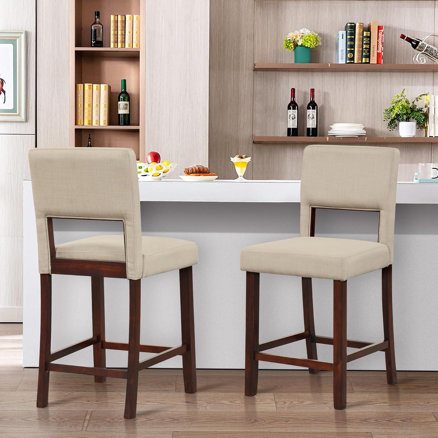image:imageGiantex 245 Counter Height Bar Stools Set of 2 Linen Barstools with Back Rubber Wood Legs Max Load 400 Lbs Modern Upholstered Bar Dining Chairs for Kitchen Island Pub BeigeBeige