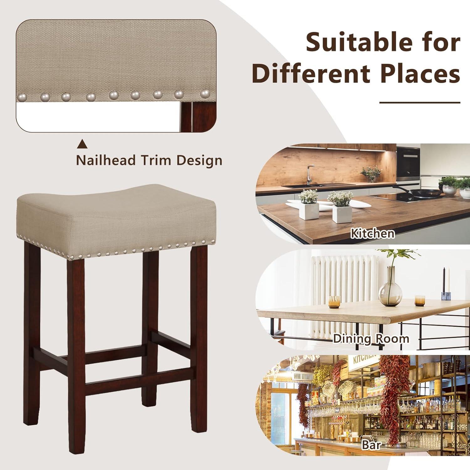 image:imageGiantex 25 Counter Height Bar Stools Set of 2 Backless Saddle Barstools with Nailhead Linen Foam Seat Max Load 330 Lbs Wood Bar Stools with Foot Rest for Kitchen Island KhakiKhaki