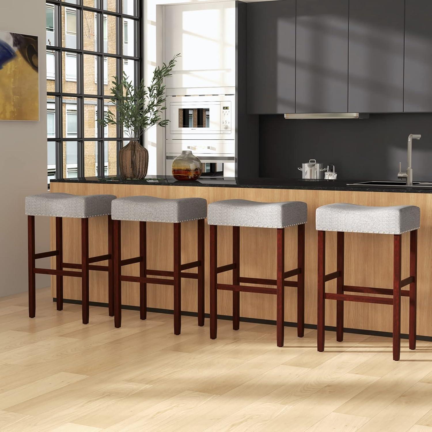 image:imageGiantex 25 Counter Height Bar Stools Set of 2 Backless Saddle Barstools with Nailhead Linen Foam Seat Max Load 330 Lbs Wood Bar Stools with Foot Rest for Kitchen Island KhakiGrey