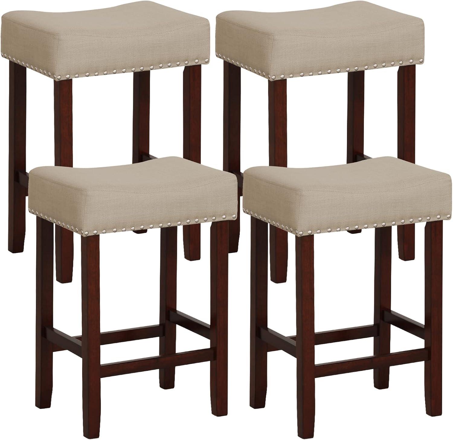 image:imageGiantex 25 Counter Height Bar Stools Set of 2 Backless Saddle Barstools with Nailhead Linen Foam Seat Max Load 330 Lbs Wood Bar Stools with Foot Rest for Kitchen Island KhakiKhaki