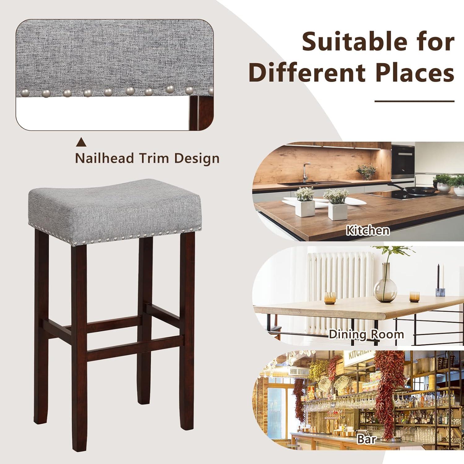 image:imageGiantex 25 Counter Height Bar Stools Set of 2 Backless Saddle Barstools with Nailhead Linen Foam Seat Max Load 330 Lbs Wood Bar Stools with Foot Rest for Kitchen Island KhakiGrey