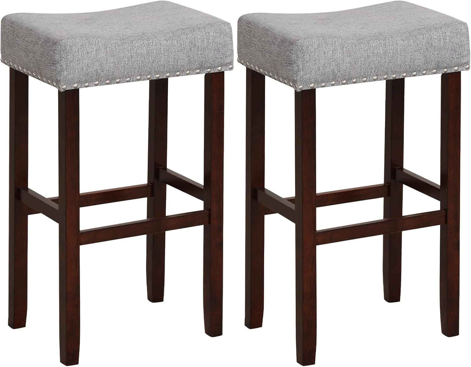 image:imageGiantex 25 Counter Height Bar Stools Set of 2 Backless Saddle Barstools with Nailhead Linen Foam Seat Max Load 330 Lbs Wood Bar Stools with Foot Rest for Kitchen Island KhakiGrey