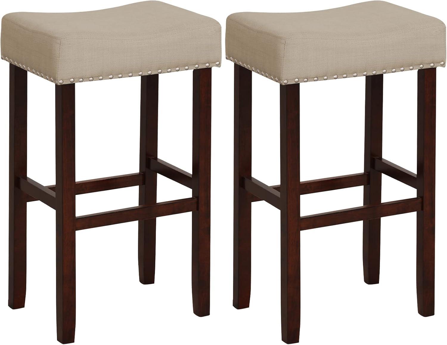 image:imageGiantex 25 Counter Height Bar Stools Set of 2 Backless Saddle Barstools with Nailhead Linen Foam Seat Max Load 330 Lbs Wood Bar Stools with Foot Rest for Kitchen Island KhakiKhaki