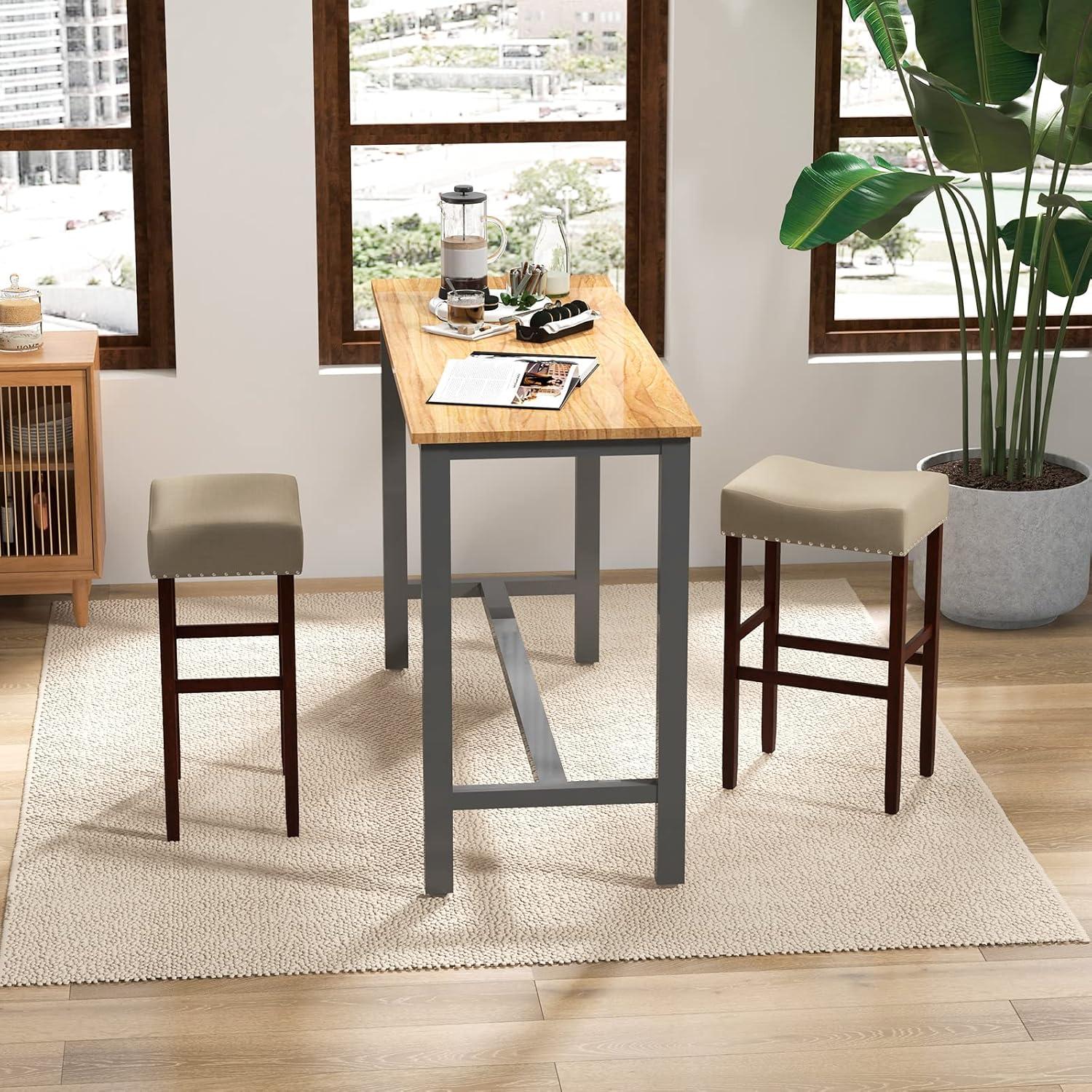 image:imageGiantex 25 Counter Height Bar Stools Set of 2 Backless Saddle Barstools with Nailhead Linen Foam Seat Max Load 330 Lbs Wood Bar Stools with Foot Rest for Kitchen Island KhakiKhaki