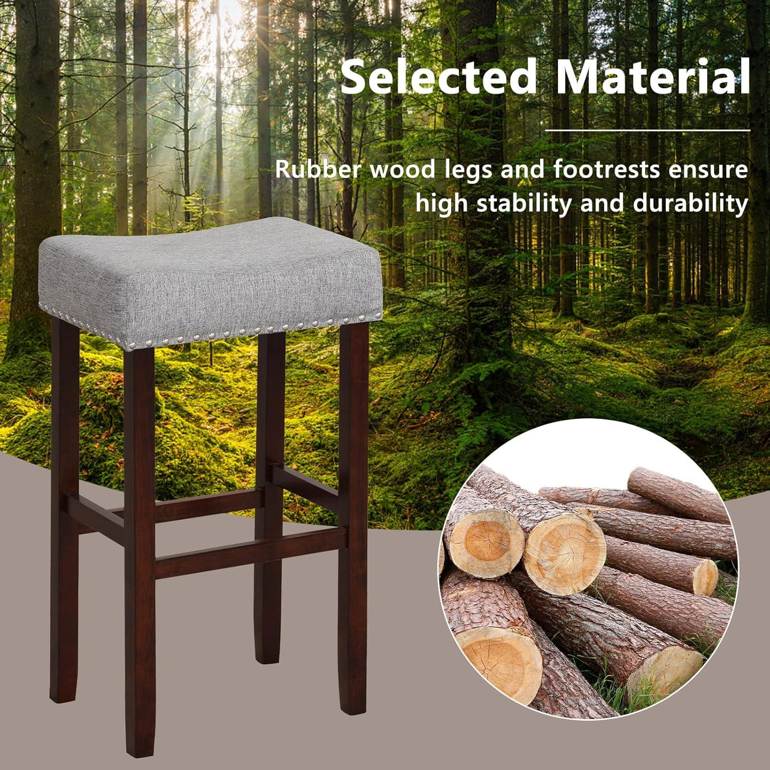 image:imageGiantex 25 Counter Height Bar Stools Set of 2 Backless Saddle Barstools with Nailhead Linen Foam Seat Max Load 330 Lbs Wood Bar Stools with Foot Rest for Kitchen Island KhakiGrey