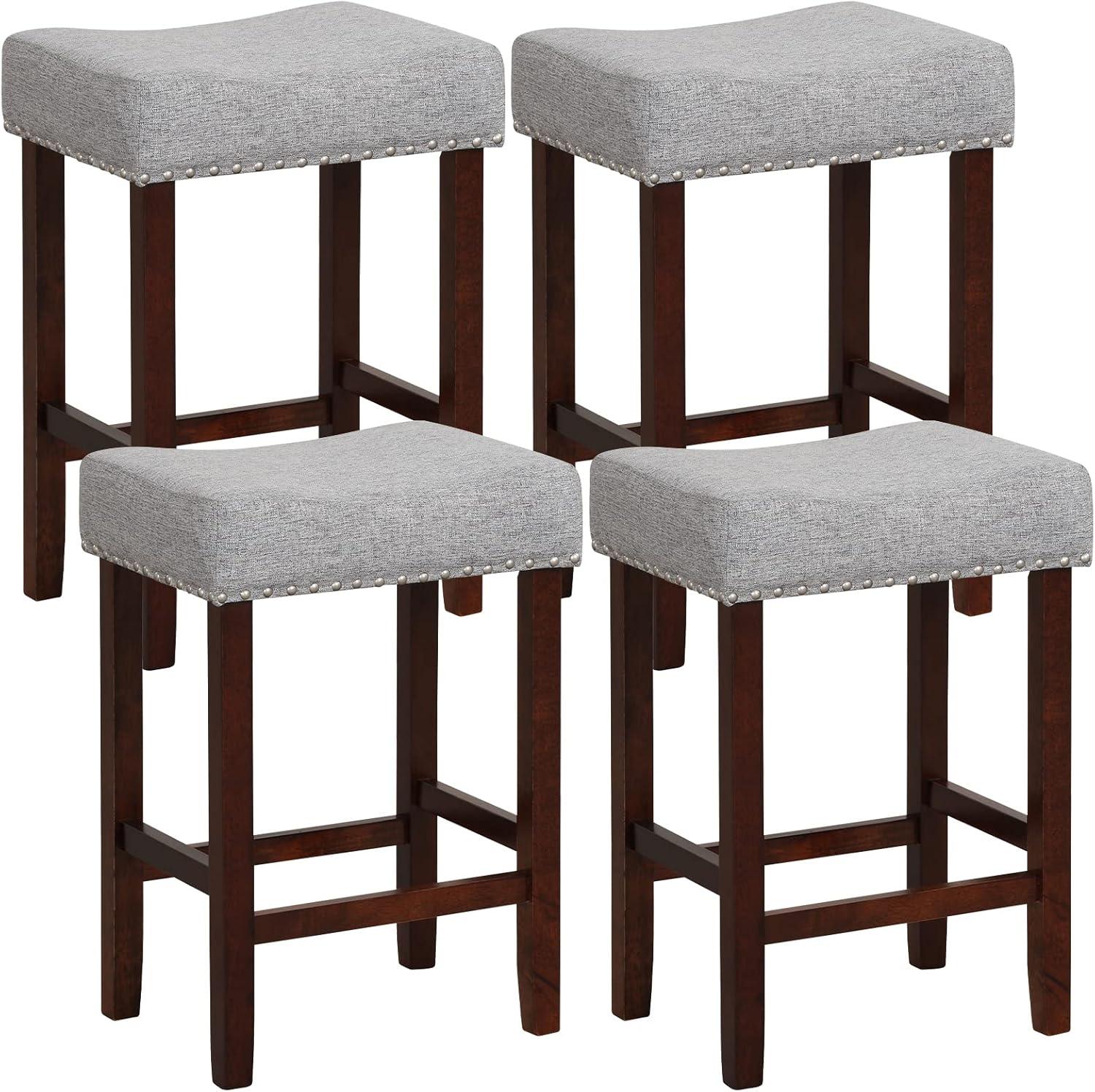 image:imageGiantex 25 Counter Height Bar Stools Set of 2 Backless Saddle Barstools with Nailhead Linen Foam Seat Max Load 330 Lbs Wood Bar Stools with Foot Rest for Kitchen Island KhakiGrey