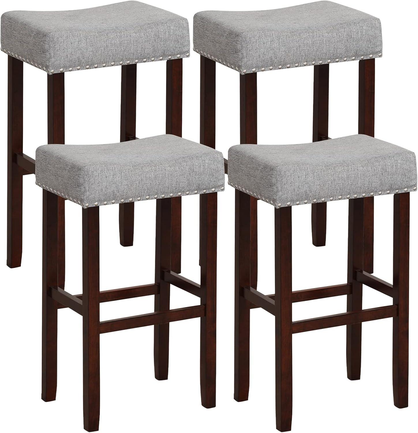 image:imageGiantex 25 Counter Height Bar Stools Set of 2 Backless Saddle Barstools with Nailhead Linen Foam Seat Max Load 330 Lbs Wood Bar Stools with Foot Rest for Kitchen Island KhakiGrey