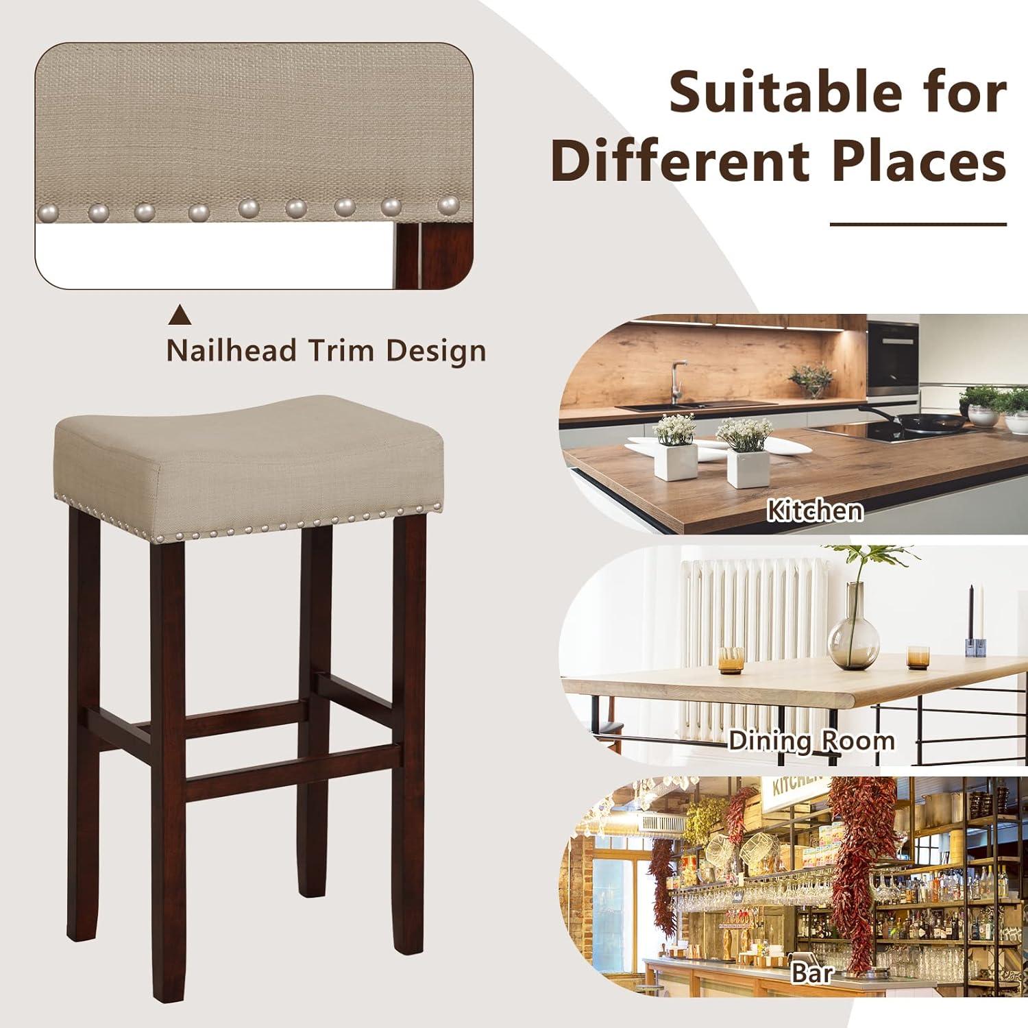 image:imageGiantex 25 Counter Height Bar Stools Set of 2 Backless Saddle Barstools with Nailhead Linen Foam Seat Max Load 330 Lbs Wood Bar Stools with Foot Rest for Kitchen Island KhakiKhaki