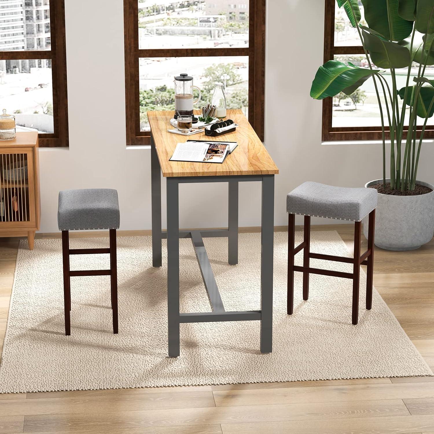 image:imageGiantex 25 Counter Height Bar Stools Set of 2 Backless Saddle Barstools with Nailhead Linen Foam Seat Max Load 330 Lbs Wood Bar Stools with Foot Rest for Kitchen Island KhakiGrey