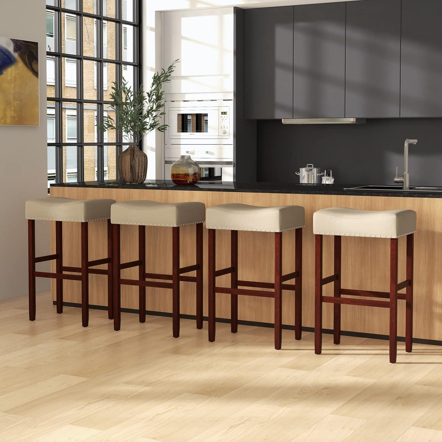 image:imageGiantex 25 Counter Height Bar Stools Set of 2 Backless Saddle Barstools with Nailhead Linen Foam Seat Max Load 330 Lbs Wood Bar Stools with Foot Rest for Kitchen Island KhakiKhaki