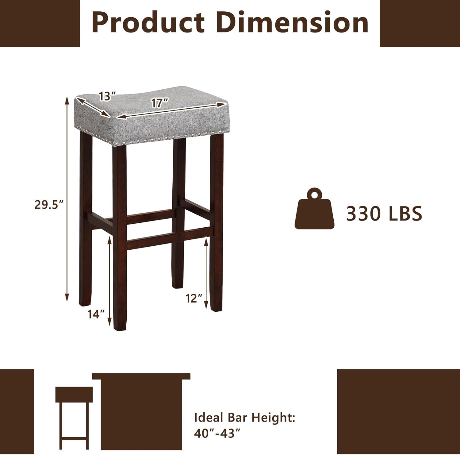 image:imageGiantex 25 Counter Height Bar Stools Set of 2 Backless Saddle Barstools with Nailhead Linen Foam Seat Max Load 330 Lbs Wood Bar Stools with Foot Rest for Kitchen Island KhakiGrey