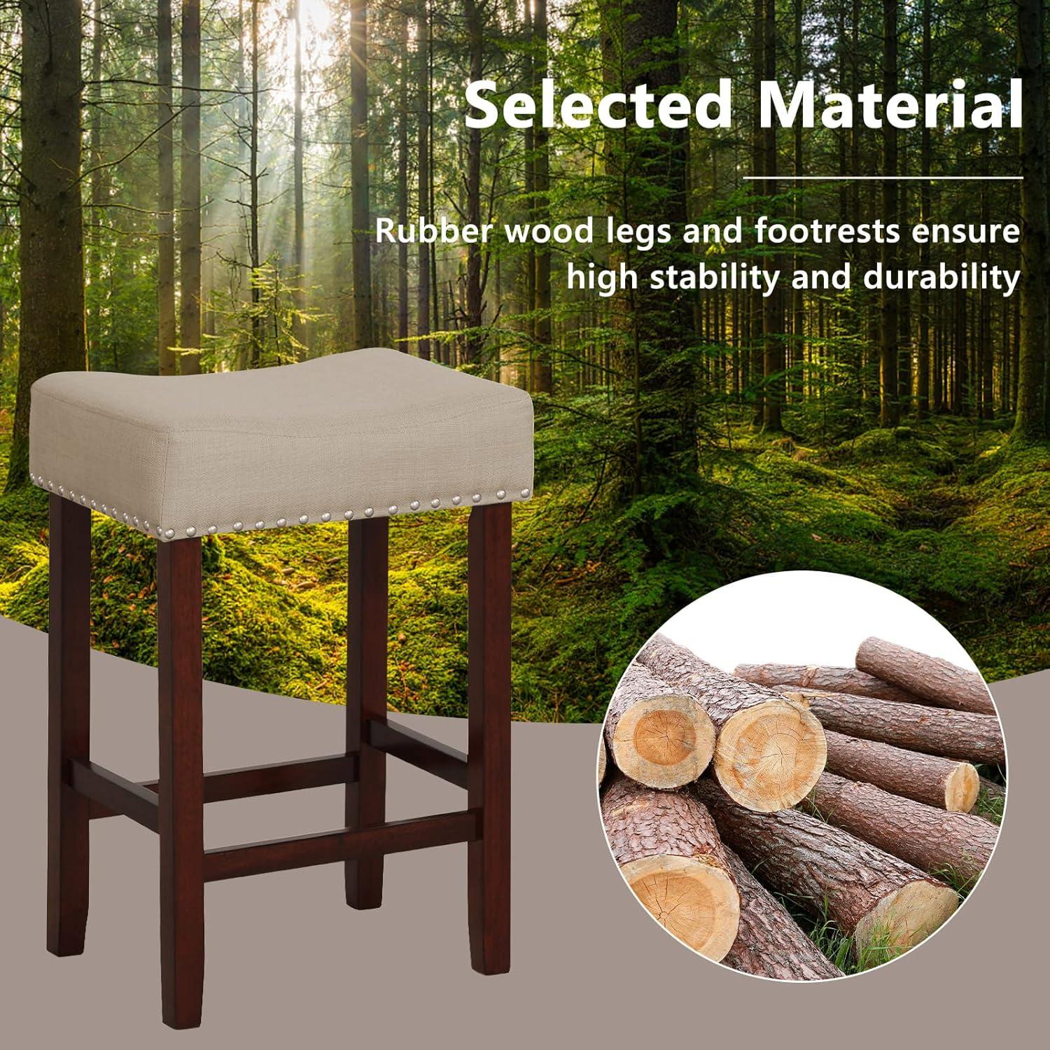 image:imageGiantex 25 Counter Height Bar Stools Set of 2 Backless Saddle Barstools with Nailhead Linen Foam Seat Max Load 330 Lbs Wood Bar Stools with Foot Rest for Kitchen Island KhakiKhaki