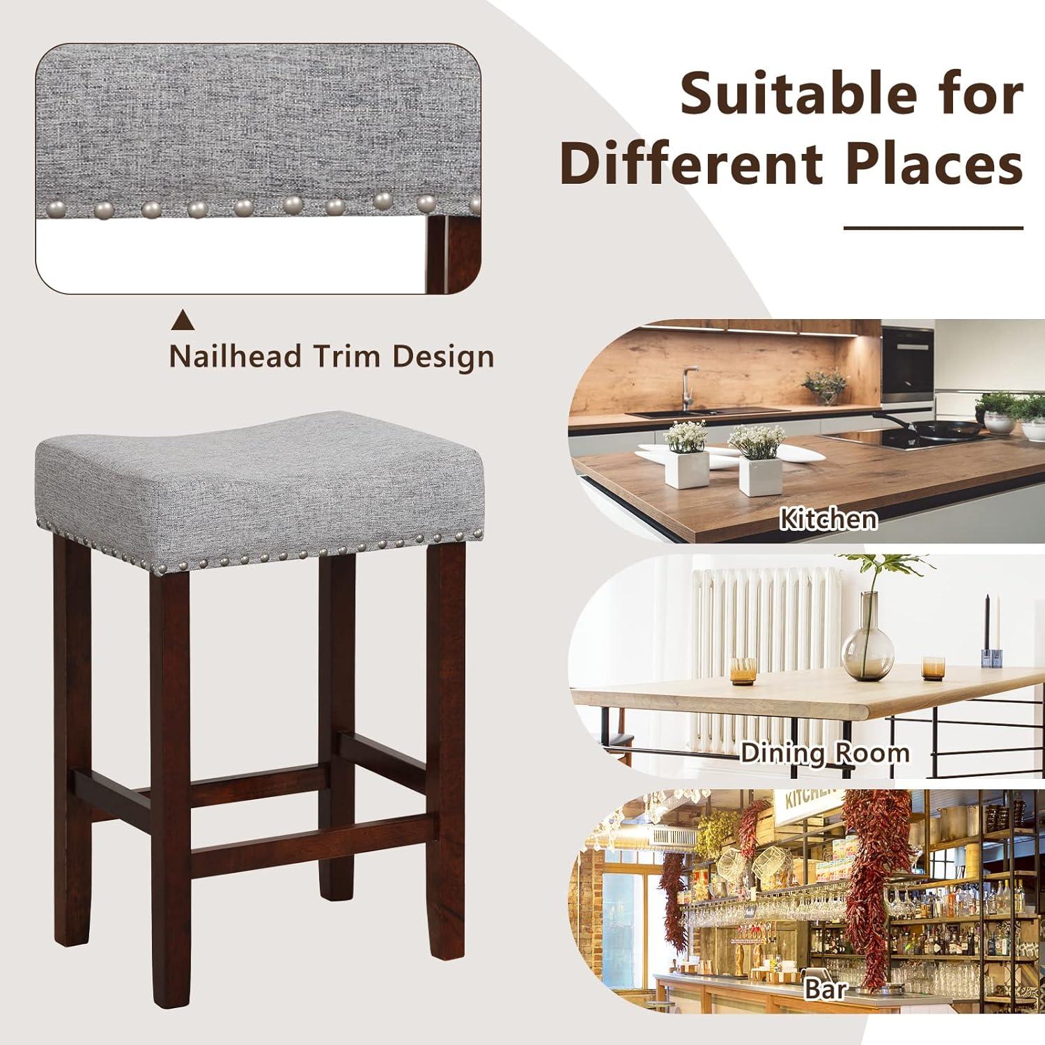 image:imageGiantex 25 Counter Height Bar Stools Set of 2 Backless Saddle Barstools with Nailhead Linen Foam Seat Max Load 330 Lbs Wood Bar Stools with Foot Rest for Kitchen Island KhakiGrey