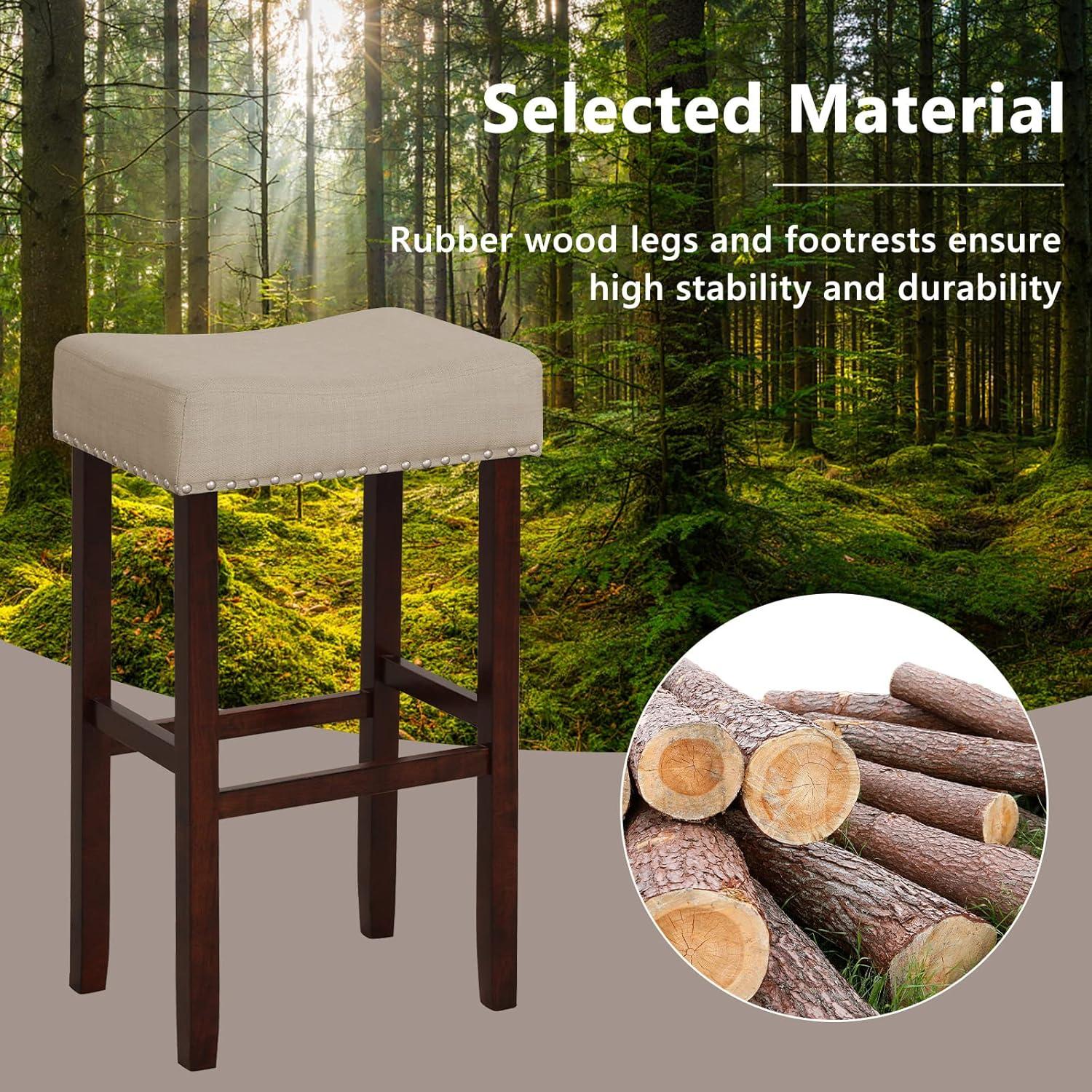 image:imageGiantex 25 Counter Height Bar Stools Set of 2 Backless Saddle Barstools with Nailhead Linen Foam Seat Max Load 330 Lbs Wood Bar Stools with Foot Rest for Kitchen Island KhakiKhaki