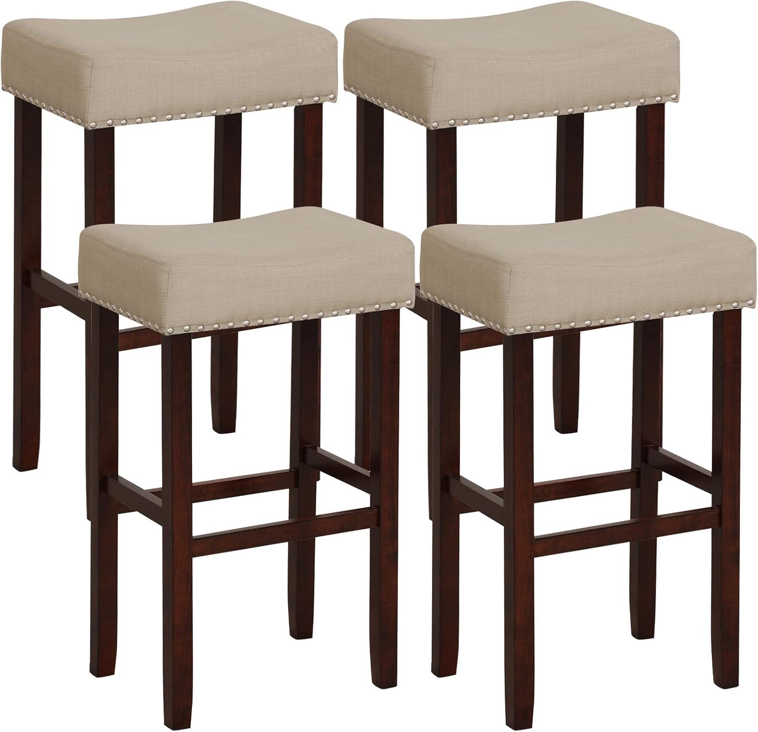 image:imageGiantex 25 Counter Height Bar Stools Set of 2 Backless Saddle Barstools with Nailhead Linen Foam Seat Max Load 330 Lbs Wood Bar Stools with Foot Rest for Kitchen Island KhakiKhaki