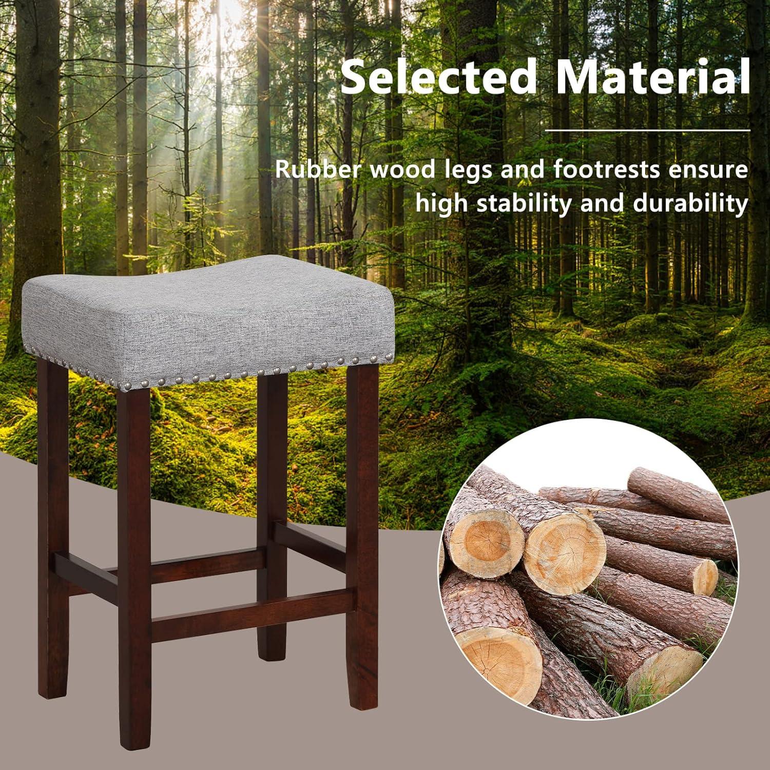 image:imageGiantex 25 Counter Height Bar Stools Set of 2 Backless Saddle Barstools with Nailhead Linen Foam Seat Max Load 330 Lbs Wood Bar Stools with Foot Rest for Kitchen Island KhakiGrey