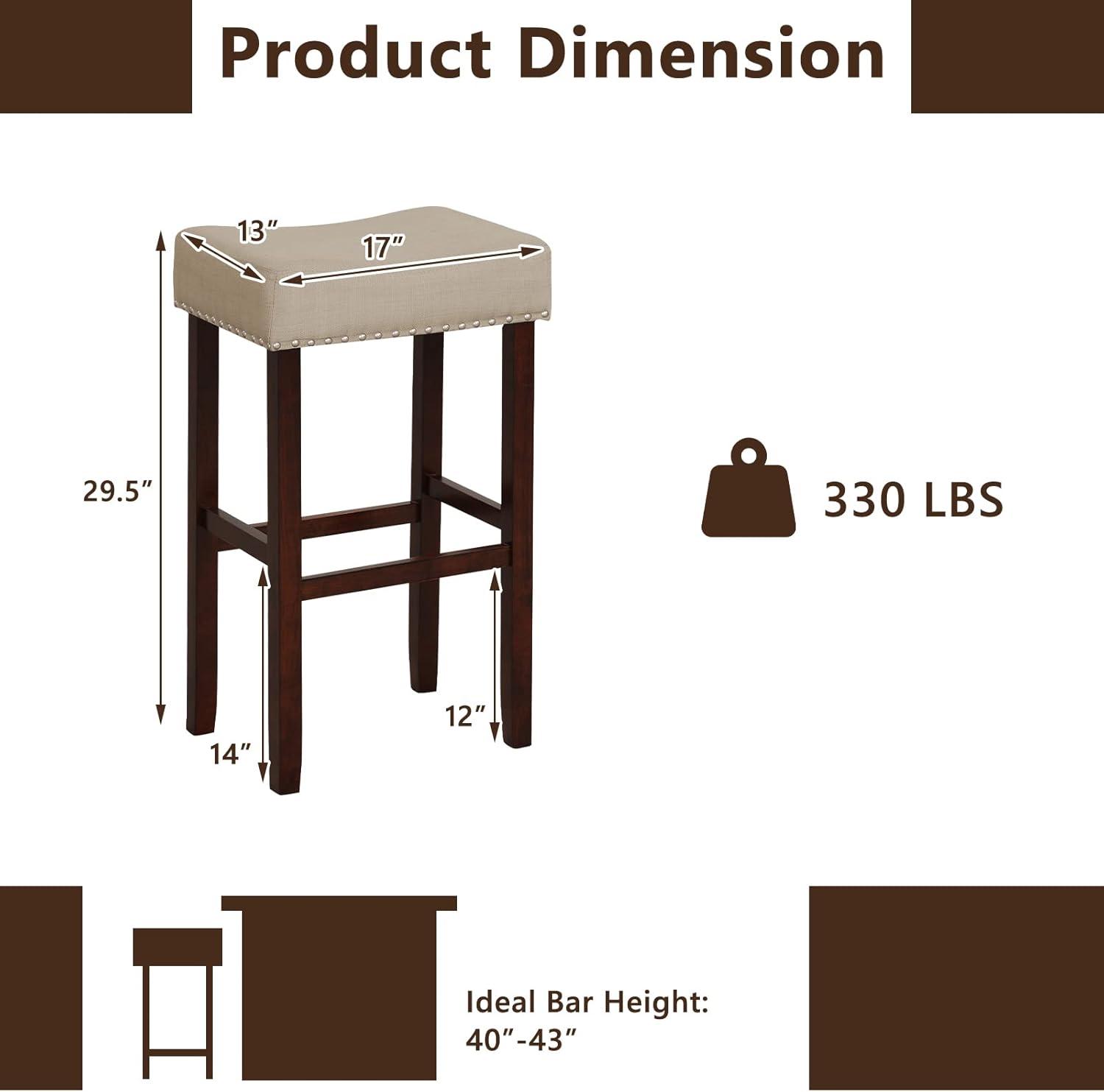 image:imageGiantex 25 Counter Height Bar Stools Set of 2 Backless Saddle Barstools with Nailhead Linen Foam Seat Max Load 330 Lbs Wood Bar Stools with Foot Rest for Kitchen Island KhakiKhaki