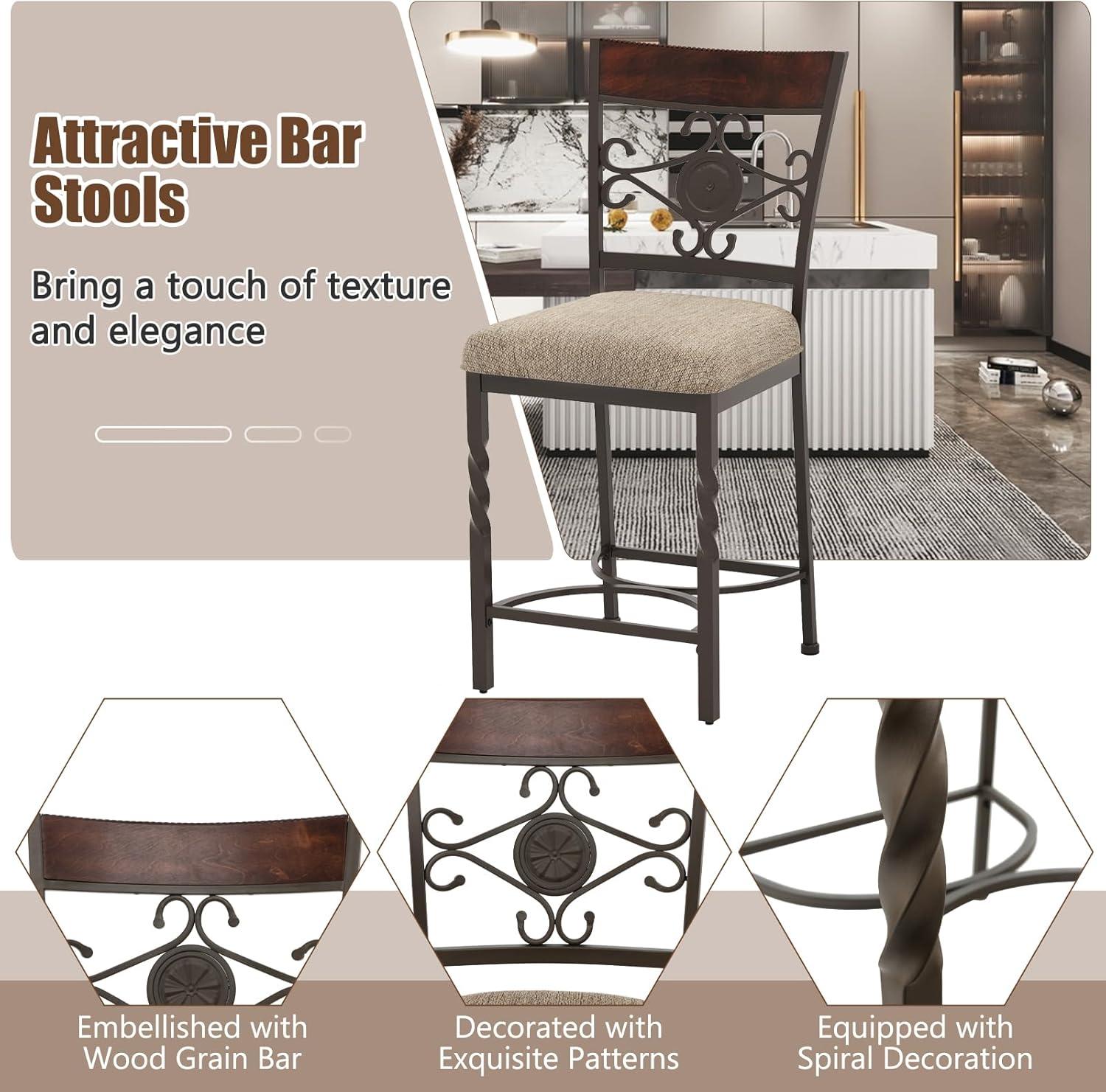image:imageGiantex 25 Counter Height Bar Stools Set of 2 Vintage Upholstered Barstools wBack RustProof Metal Frame Padded Seat AntiSlip Foot Pads Max Load 350 Lbs Bar Dining Chairs for Kitchen Island