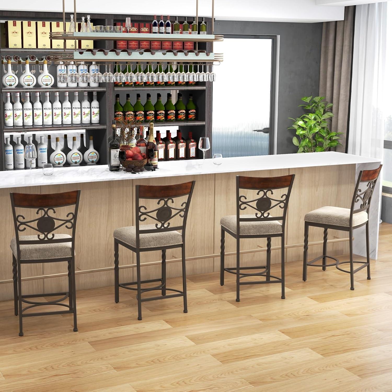 image:imageGiantex 25 Counter Height Bar Stools Set of 2 Vintage Upholstered Barstools wBack RustProof Metal Frame Padded Seat AntiSlip Foot Pads Max Load 350 Lbs Bar Dining Chairs for Kitchen Island