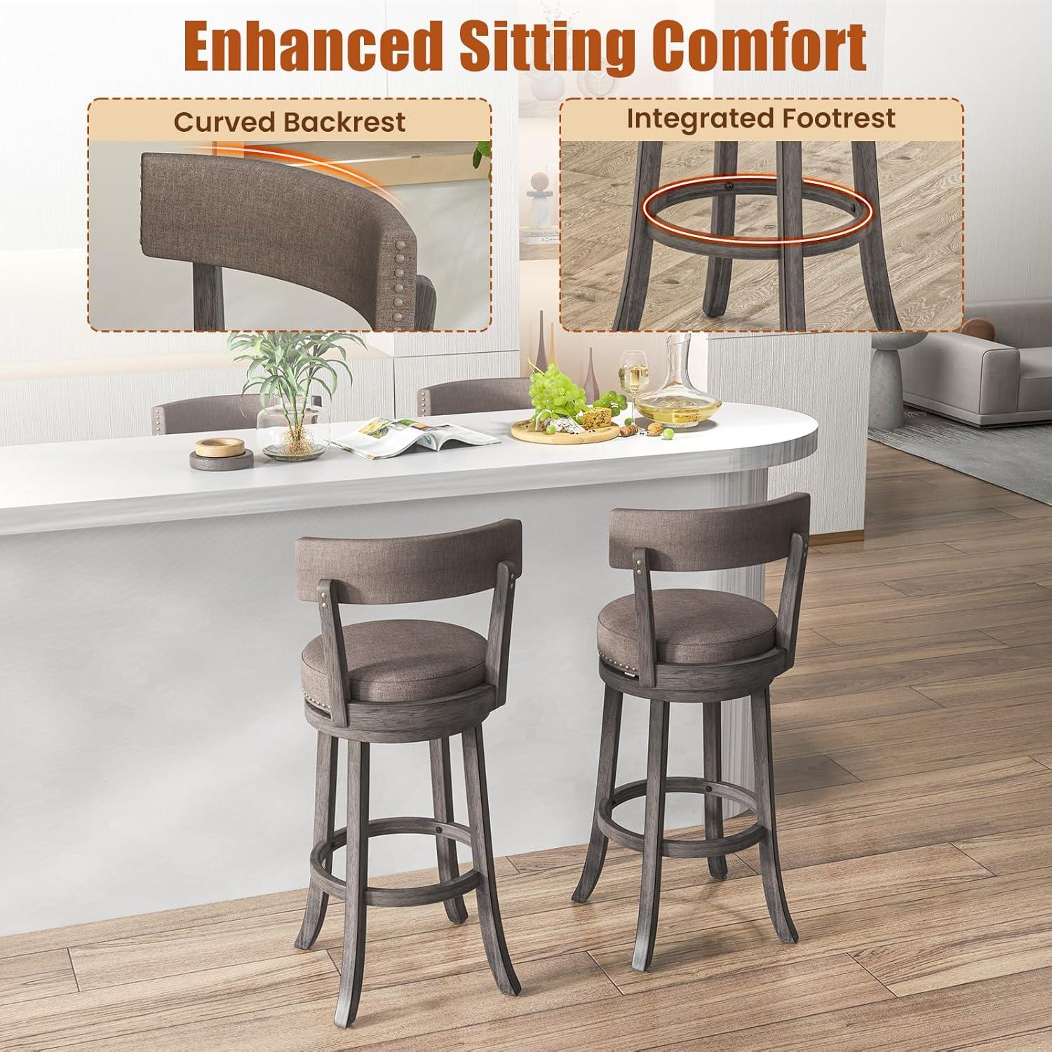 image:imageGiantex 26 Bar Stools Set of 2 Swivel Counter Height Bar Chairs with Footrest Rubber Wood Frame Upholstered Linen Barstools with Back amp Cushioned Seat for Kitchen Island Dining Room Pub1